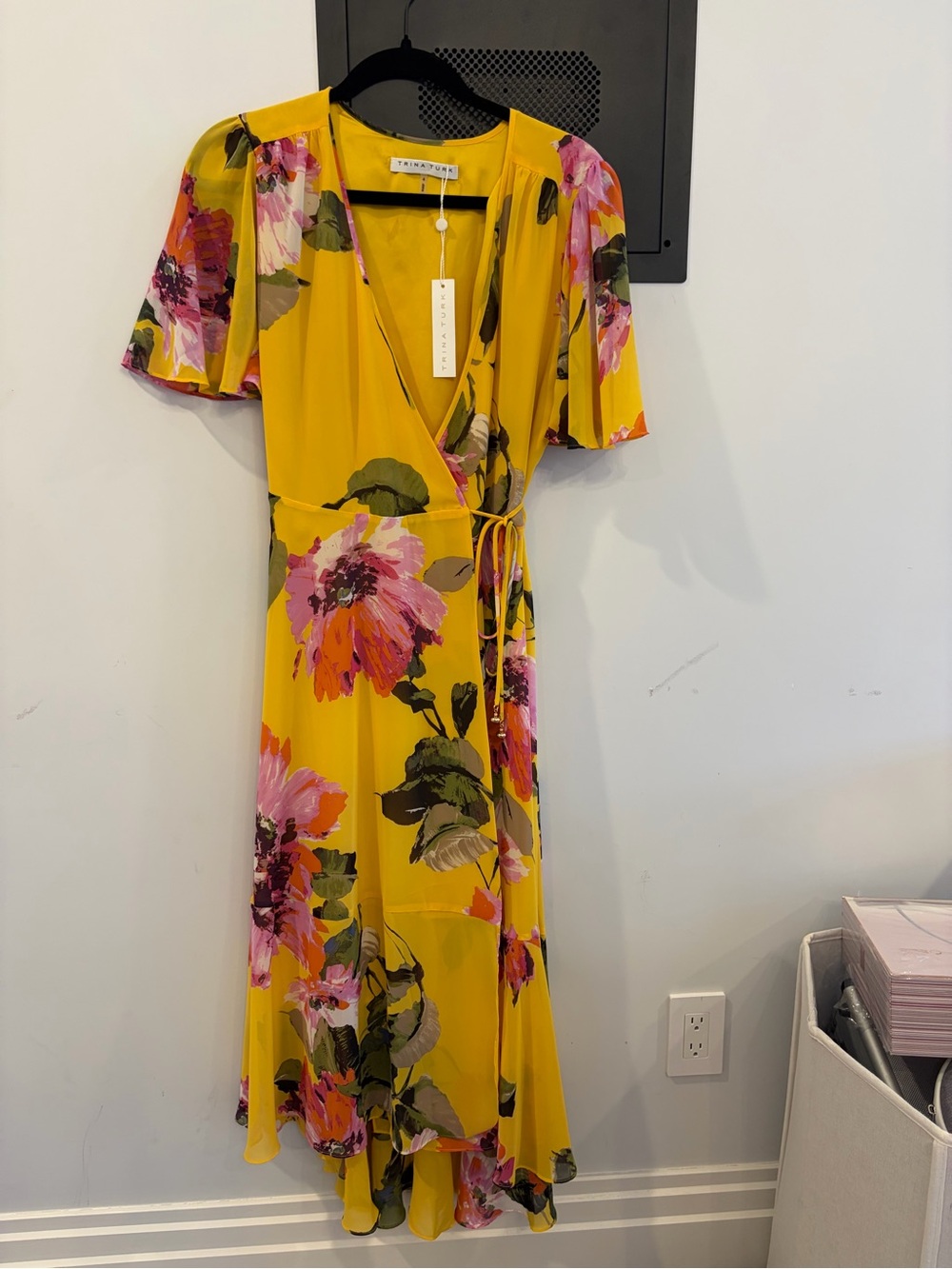 Trina Turk Yellow Floral High-Low Wrap Dress